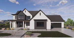 Modern farmhouse featuring covered porch, driveway, and an attached garage