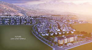 Aerial view at dusk of a residential view and a mountain view