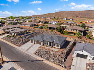 Aerial perspective of suburban area with mountains