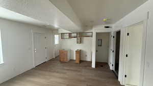 Basement featuring light wood finished floors and a textured ceiling