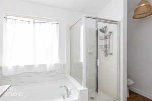 Bathroom with a shower stall, a garden tub, and healthy amount of natural light