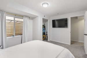 Bedroom featuring a textured ceiling and carpet floors