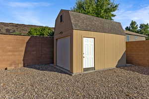 View of outdoor structure featuring a fenced backyard