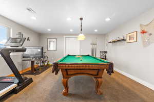 Rec room with billiards, carpet flooring, and recessed lighting