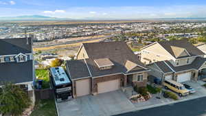 Aerial view of residential area with a mountain backdrop