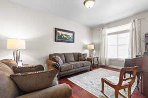 Living area with dark wood-style floors and a textured ceiling