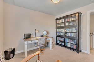 Home office featuring light carpet