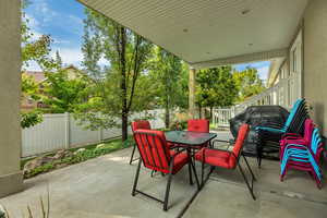Fenced backyard with a patio, outdoor dining area, and area for grilling