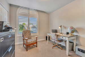 Office featuring light carpet and baseboards