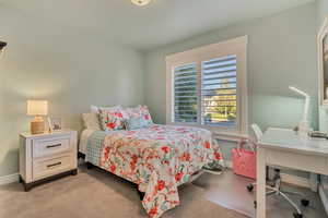 Bedroom featuring baseboards and light colored carpet