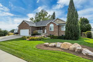 Single story home featuring brick siding, a front yard, driveway, a porch, and a shingled roof