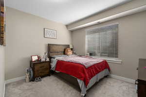 Bedroom with light colored carpet