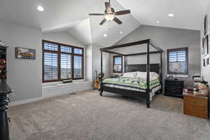 Bedroom featuring light colored carpet, ceiling fan, recessed lighting, and high vaulted ceiling