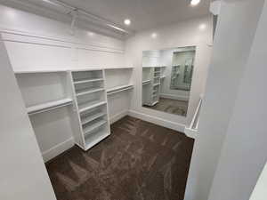 Walk in closet with dark carpet
