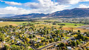 Aerial perspective of suburban area with mountains