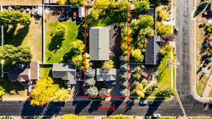 Aerial perspective of the home, shop, and lot