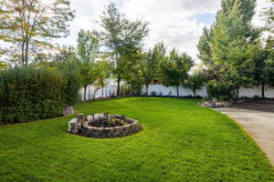 Fenced backyard featuring an outdoor fire pit