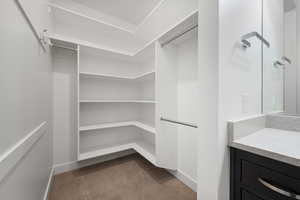 Spacious closet featuring dark carpet