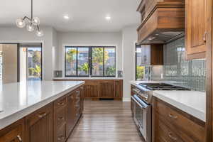 Kitchen featuring high end stove, pendant lighting, plenty of natural light, premium range hood, and recessed lighting