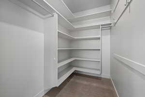 Spacious closet featuring dark carpet