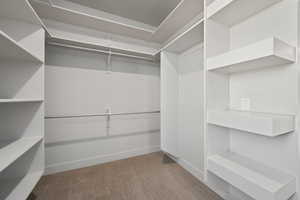 Walk in closet with light colored carpet