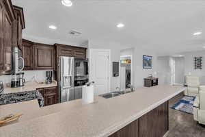 Kitchen featuring dark brown cabinets, stainless steel appliances, a textured ceiling, recessed lighting, and dark wood-style floors