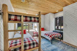 Bedroom featuring wooden ceiling, wood finished floors, wood walls, and recessed lighting