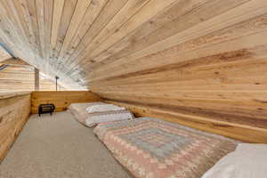 Bedroom with lofted ceiling, wood ceiling, wooden walls, light colored carpet, and a sauna