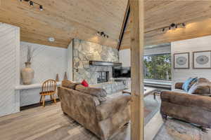Living room with rail lighting, wood walls, a stone fireplace, wood finished floors, and wooden ceiling