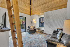 Living area with wooden walls, wood ceiling, a baseboard radiator, wood finished floors, and lofted ceiling