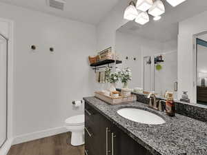 Primary Bathroom featuring a stall shower, dark wood-type flooring, and vanity