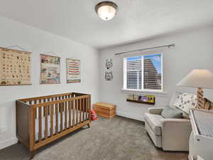 Carpeted bedroom featuring a nursery area and a textured ceiling
