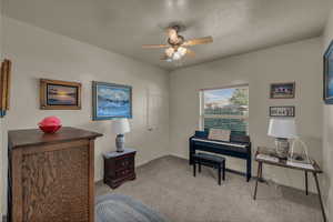 Sitting room with carpet flooring, a ceiling fan, and a textured ceiling