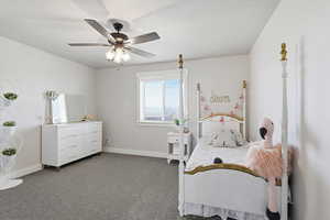 Bedroom with carpet flooring and a ceiling fan
