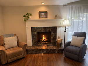 Living area featuring a fireplace and wood finished floors
