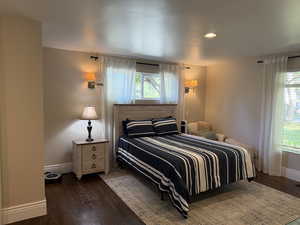 Bedroom with dark wood  flooring and recessed lighting