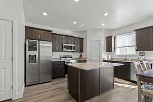 Kitchen featuring stainless steel appliances, dark brown cabinets, light wood-style flooring, light stone counters, and recessed lighting