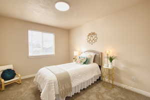 Bedroom featuring carpet flooring and a textured ceiling