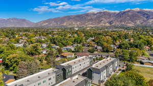 Aerial view of residential area with mountains