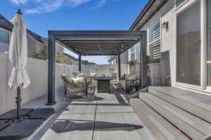 Fenced backyard featuring an outdoor hangout area, a pergola, and a patio
