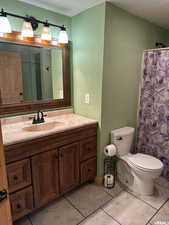 Full bathroom with vanity, light tile patterned floors, and a shower with shower curtain