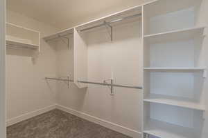 Walk in closet featuring dark colored carpet