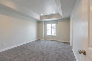 Empty room with carpet flooring, a raised ceiling, a textured ceiling, and recessed lighting