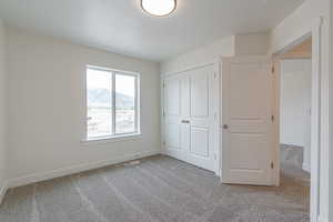 Unfurnished bedroom with light colored carpet, a closet, and a mountain view