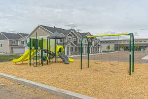 Communal playground featuring a residential view