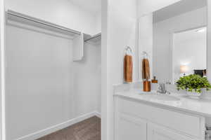 Bathroom featuring vanity, dark colored carpet, and a spacious closet