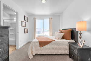 Bedroom featuring a spacious closet and light carpet