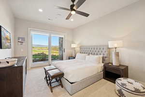 Bedroom featuring ceiling fan, recessed lighting, access to outside, and light carpet
