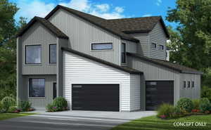 Modern farmhouse with a shingled roof, concrete driveway, and a garage