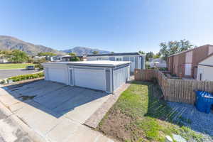 Garage with a mountain view on a cul-de-sac.